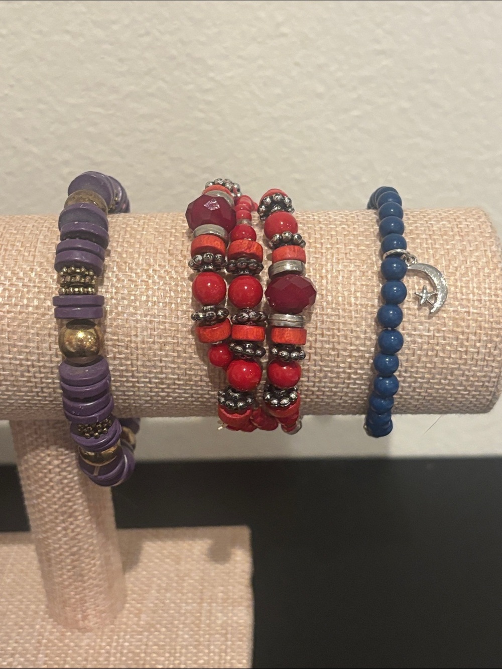 Boho Stackable Bracelet Lot 3pc - Purple Heishi, Red Layered, Blue Moon Star